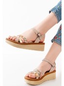 Resim 730-015 Bej Multi Ortopedik Hakiki Deri Dolgu Kadın Sandalet Bej 