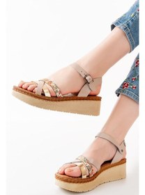 Resim 730-015 Bej Multi Ortopedik Hakiki Deri Dolgu Kadın Sandalet Bej 