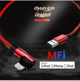 Resim Ugreen 90 Derece Açılı Lightning Apple iPhone Uyumlu Şarj ve Data Kablosu Kırmızı 1 Metre 