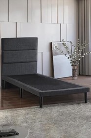 Resim Niron Yatak Slim Baza ve Başlık Takımı 100x200 Tek Kişilik Gri Kumaş Kaplı Metal Karyola ve Başlık Seti 