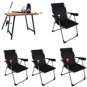 Resim Alin Metal Kamp Sandalyesi 4''lü Lüks Bardaklı Kamp Sandalyesi Ve Masa Set Fdr-01 Siyah Siyah 