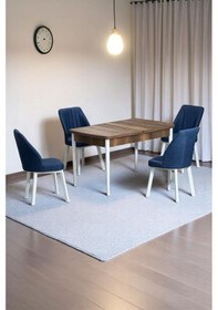 Resim Florn Ceviz 80 X 132 Açılabilen Sunta Masa Metal Ayaklı Mutfak Masası Takımı 4 Lacivert Sandalye Lacivert 
