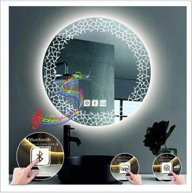 Resim Dnr-Mirror60 Cm Beyaz Ledli Tasarım Kumlamalı Dokunmatik Bluetoothlu Buğu Önleyicili Banyo Aynası Makyaj Ayna 