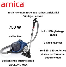Resim Arnica Tesla Premıum Ergo Toz Torbasız Elektrikli Süpürge Lacivert 