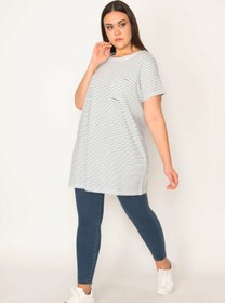 Resim Şans Kadın Büyük Beden Kemik Pamuklu Kumaş Bisiklet Yaka Çizgili Bluz 65n31065 