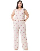 Resim Büyük Beden Kalın Askılı Fermuarlı Beli Lastikli Pembe Çiçekli Kadın Tulum 