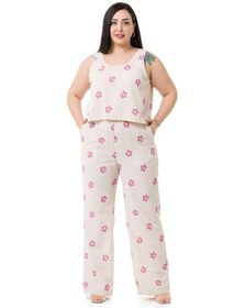 Resim Büyük Beden Kalın Askılı Fermuarlı Beli Lastikli Pembe Çiçekli Kadın Tulum 