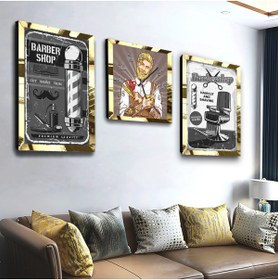 Resim Zevahir Mobilya Dekorasyon Gold Aynalı Pleksi Çerçeveli Erkek Berberi Üçlü Mdf Tablo Seti Ve Saat Seti 