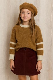 Resim CLOUDY WEAR&DESİGN Çizgili Kol Detaylı Bisiklet Yaka Kışlık Kız Çocuk Kahverengi Triko Kazak (5-14 Yaş) 