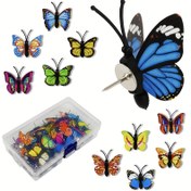 Resim 24 Adet Canlı Kelebek İtme Pimleri - Renkli, Dekoratif Raptiyeler Şeffaf Plastik Başlıklarla Fotoğraf Duvarları, Mantar & Bülten Panoları İçin - Dayanıklı PVC Malzeme, Rastgele Desen Assortisi 