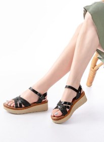 Resim 730-138 Siyah Örgü Hakiki Deri Ortopedik Taban Kadın Sandalet Altın - Taba 