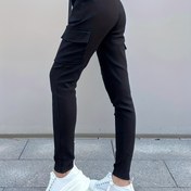 Resim Kadınların Yüksek Bel Rahat Kargo Pantolonları - Siyah, Dar Kesim, Esnek Kumaş Cebi ile, Elastik Bel Bandı, Tüm Mevsim Giyim 