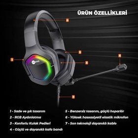 Resim Lecoo HT403 3.5mm Jack + USB Kablolu Kulak Üstü RGB Aydınlatmalı Gaming Kulaklık Siyah 