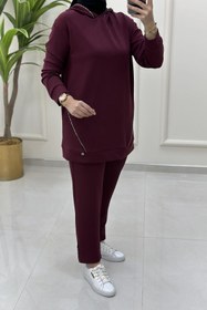 Resim Armine TREND Kapüşon ve Önü Taş Biye Detaylı Tunik ve Pantolon Kadın İkili Takım Bordo ARM 603 