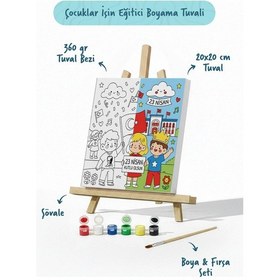 Resim 23 Nisan Temalı Çocuk Boyama Tuvali Şövaleli Boya Seti 20x20 