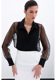 Resim Sateen Organze Detaylı Gömlek - Siyah-135968 Siyah 