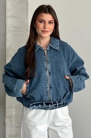 Resim Kadın Oversize Jean Ceket Kemer Detaylı Denim Bomber Kot Ceket 