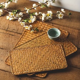 Resim Yemek Masası için El Yapımı Rattan Dokuma Placemats - Isıya Dayanıklı, Yaratıcı Ev Dekoru, Anneler Günü için İdeal, Doğal Ahşap Renk, Dikdörtgen Şekil, Masa Dekoru 