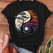 Resim Sezonluk Çok Yönlü Kadın Yin Yang Hayat Ağacı Grafikli Tişört - Kısa Kollu, Yuvarlak Yaka, Koyu Gri Renkli Renkli Gece Gökyüzü Tasarımı, Rahat Yaz & İlkbahar Üst, Günlük Giyim Üstü|Hayat Ağacı Tasarımı|Pürüzsüz Dokulu Tişört 