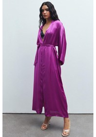Resim Frappant Fuşya Uzun Saten Sabahlık / Kimono Fuşya 