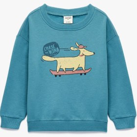 Resim Erkek Bebek Pamuklu Uzun Kollu Bisiklet Yaka Köpek Baskılı Şardonlu Sweatshirt 