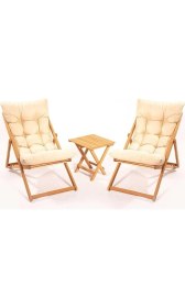 Resim Flex 2'li Ahşap Puf Minderli Bahçe, Balkon, Teras ve Plaj Katlanır Şezlong Set Bistro 