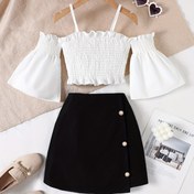 Resim Şık A-Line Etek Takımı, Bell Kollu ve Off-Shoulder Dantel Üst + A-Line Etek İki Parça Kıyafet, Tatil Rahat Yaz Giyim için Mükemmel, Açık Hava Eğlence Aktiviteleri için Uygun. 