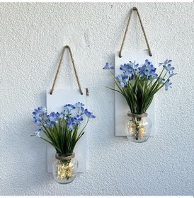 Resim Led Işıklı, Mavi Nergis Çiçekli Duvar Dekoru Beyaz İkili Set Beyaz 