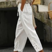 Resim Kadınlar için Rahat Beyaz Geniş Bacaklı Pantolon, Kontrast Dantel Detaylı - Yüksek Bel, Esnek Olmayan Polyester, Bahar/Yaz/Sonbahar için Bol Kesim, Mevsimsel Moda Pantolon | Geniş Bacaklı Pantolon | Parlak Dokulu 