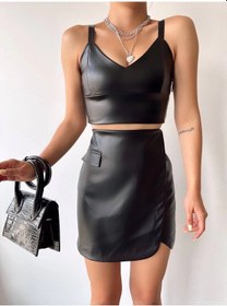 Resim Biçomi Cep Detaylı Oval Kapaklı Deri Etek Siyah H240048 Siyah 