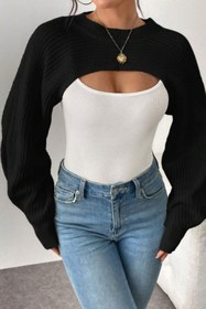 Resim Tarz Cool Kadın Siyah Dekolteli Crop Triko Bolero 