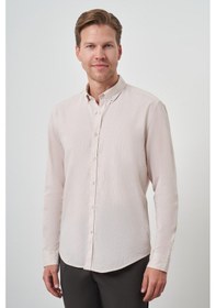 Resim Morven Erkek Bej Keten Trend Dynamic Fit Düğmeli Yaka Gömlek 25ys004018653 Bej Bej 