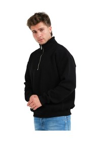 Resim Justever Regular Fit Dik Yaka Yarı Fermuarlı Şardonlu Siyah Erkek Sweatshirt - Prime Siyah 