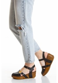 Resim İç Dış Hakiki Deri Dolgu Taban Önü Kapalı Kadın Sandalet Siyah 