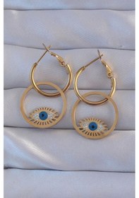 Resim 316l Çelik Gold Renk Zirkon Taşlı Mavi Göz Tasarımlı Halka Küpe - Tj-bkp9161 Çok Renkli 
