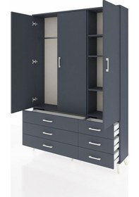 Resim Arges Dolap 5 Raflı 6 Çekmeceli Tek Askılı 132x30x195 Antrasit-antrasit/antrasit Antrasıt/antrasıt 