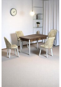 Resim Florn Ceviz 80 X 132 Açılabilen Mdf Masa Metal Ayaklı Mutfak Masası Takımı 4 Krem Sandalye Krem 