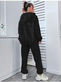 Resim Happiness Baskılı İki İplik Kalın Oversize Kadın Eşofman Takımı Siyah 