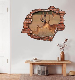 Resim Kırık Tuğla Desenli Geyik Maznara 3D Duvar Sticker - 75x55 cm / Karışık Renkli / 3D Sticker 