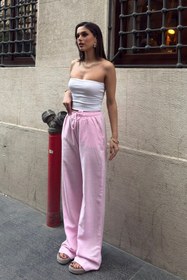 Resim BEJNA Kadın Pembe Keten Bol Kesim Palazzo Pantolon 
