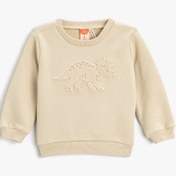 Resim Erkek Bebek Dinozorlu Sweatshirt Kabartma Baskılı Uzun Kollu Bisiklet Yaka 