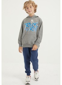 Resim Tommylife Tommy Life Gri Melanj Yazı Baskılı Kanguru Cepli Kapüşonlu Standart Kalıp Erkek Çocuk Sweatshirt - 11002 Gri Melanj 