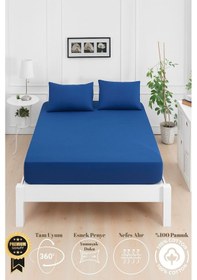 Resim Mirava Premium %100 Pamuk Penye Lastikli Çift Kişilik Çarşaf Takımı 2 Yastık Kılıfı Dahil Lacivert 180x200cm Lacivert 