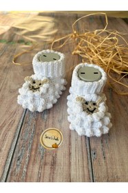 Resim seraskids El Örgüsü Beyaz Kuzu Figürlü Bebek Panduf Patik 