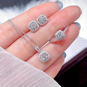 Resim Kadınlar için 3 parçalı şık 925 gümüş kaplama moissanit takı seti - Açık yüzük, küpe, kolye ile lüks minimalist tarz, günlük giyim ve hediye vermek için mükemmel 