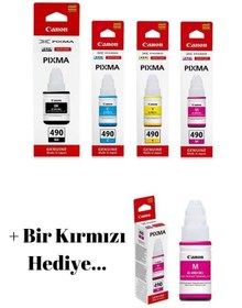 Resim Canon Gı-490 Pixma G2400 Mürekkep Kartuş Takımı + 1 Kırmızı Muadil 