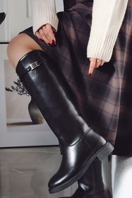 Resim POLKA STORE Mass Düz Tabanlı Kemerli Tokalı Binici Çizme Kadın Ayakkabı Siyah 