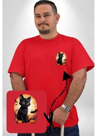 Resim Angemiel Cadılar Bayramı Kedi Kırmızı Büyük Beden Kadın Basic Minimal Baskılı Tişört Kırmızı 