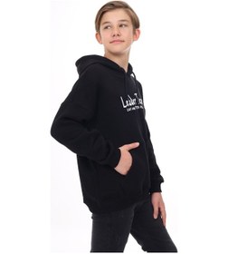 Resim Toontoy Erkek Çocuk Oversize Kapüşonlu Cepli Düşük Omuz Baskılı Sweatshirt - 2 İplik Siyah 