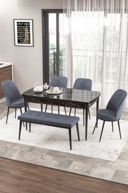 Resim Canisa Concept Zen Serisi 80x132 Mdf Açılabilir Siyah Mermer Desen Masa Takımı 4 Füme Sandalye Ve 1 Bench 